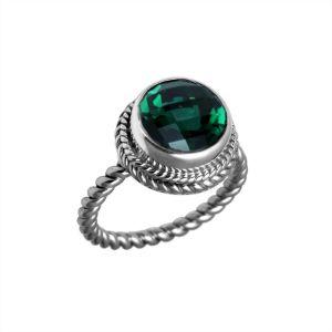 Handcrafted Bali silver ring with round Green Quartz and rope-style band.