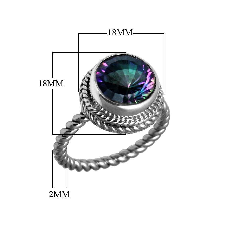 Handcrafted Bali silver ring with a round Mystic Topaz Quartz and rope-style band.