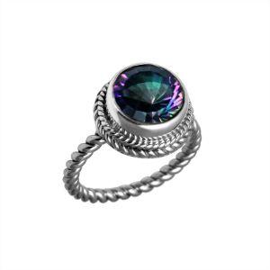 Handcrafted Bali silver ring with a round Mystic Topaz Quartz and rope-style band.
