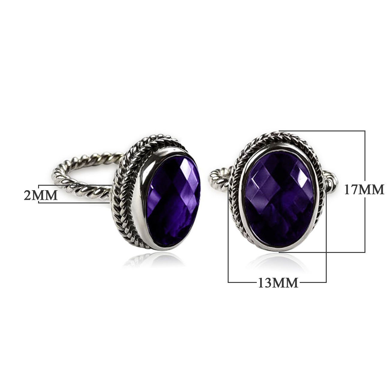 Sterling silver Amethyst Quartz ring with rope-edge bezel and twisted band for retail