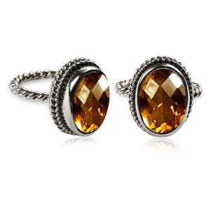 Handcrafted sterling silver Citrine Quartz ring with oval faceted Quartz and rope bezel, artisan jewelry from Indonesia.