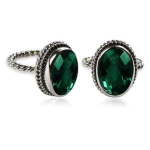 Handcrafted sterling silver Green Quartz ring with faceted oval Quartz and rope bezel, artisan jewelry from Indonesia.