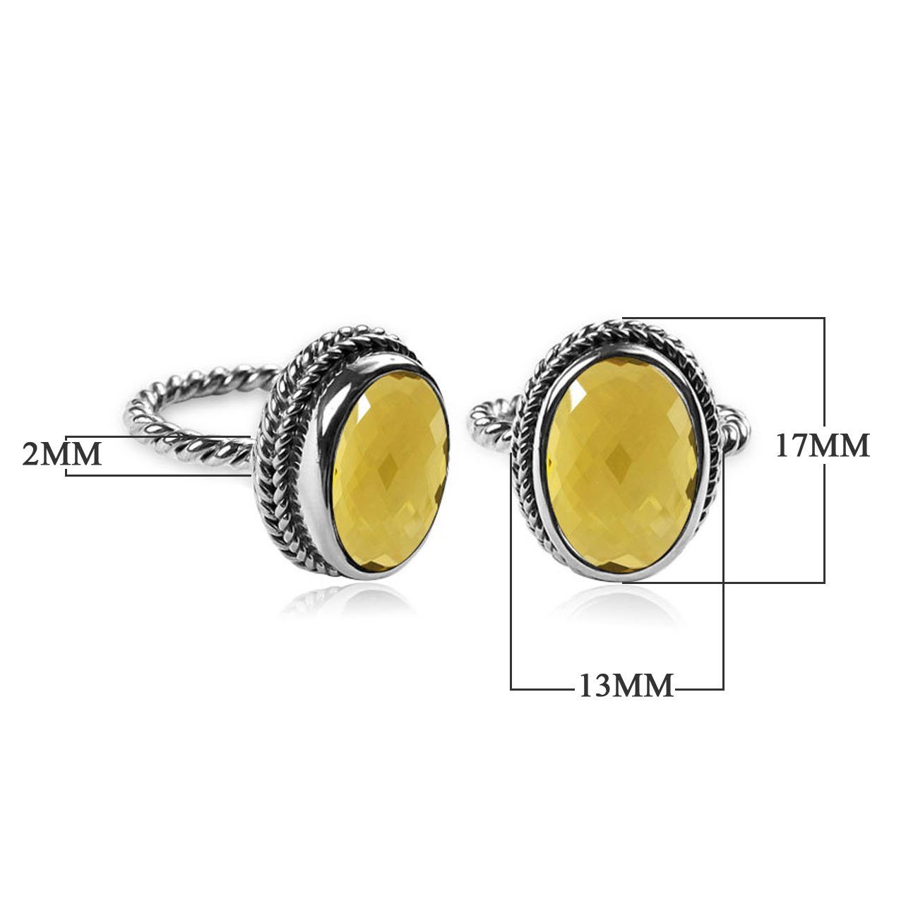 Handcrafted sterling silver Lemon Quartz ring with oval faceted Quartz and rope bezel, artisan jewelry from Indonesia.