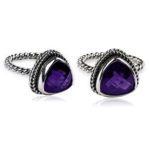 Handcrafted sterling silver Amethyst Quartz ring with faceted trillion purple Quartz and rope bezel, artisan jewelry from Indonesia.