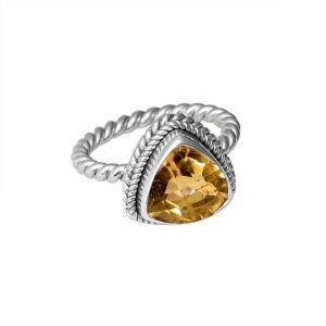 Handcrafted sterling silver Citrine Quartz ring with faceted trillion Yellow Quartz and rope bezel, artisan jewelry from Indonesia.