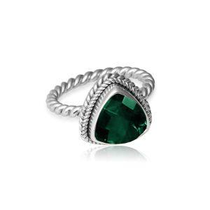 Handmade Bali silver ring with Green Quartz and twisted rope band, artisan design.