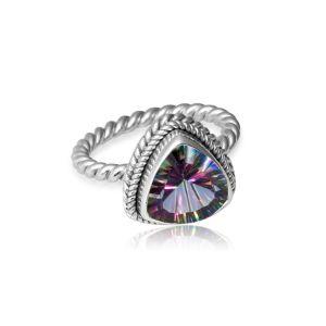Handmade sterling silver ring featuring Mystic Quartz Triangle and rope band, artisan jewelry from Bali.