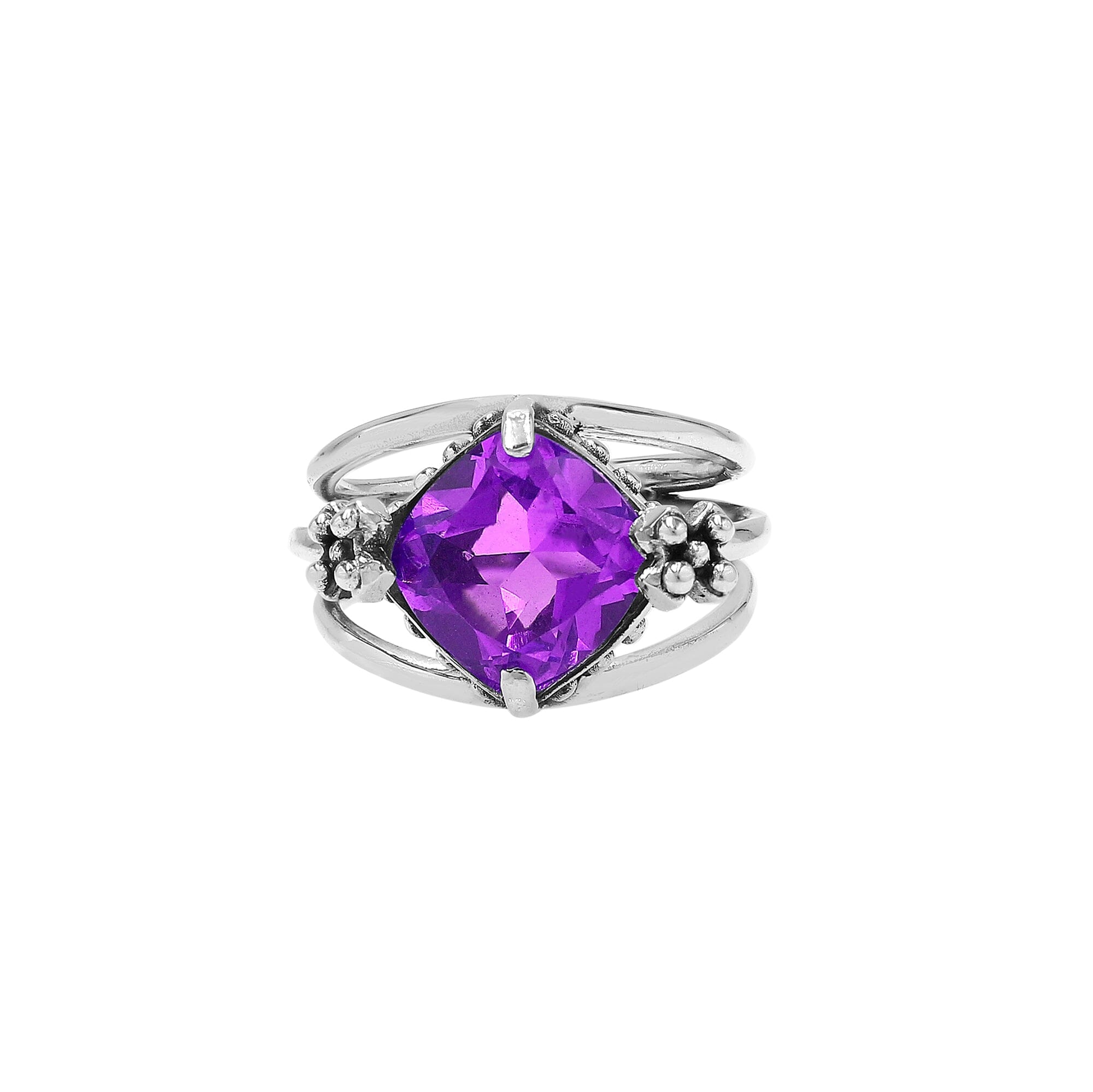 Handmade sterling silver Amethyst Quartz ring with floral details and split shank, artisan Bali jewelry.