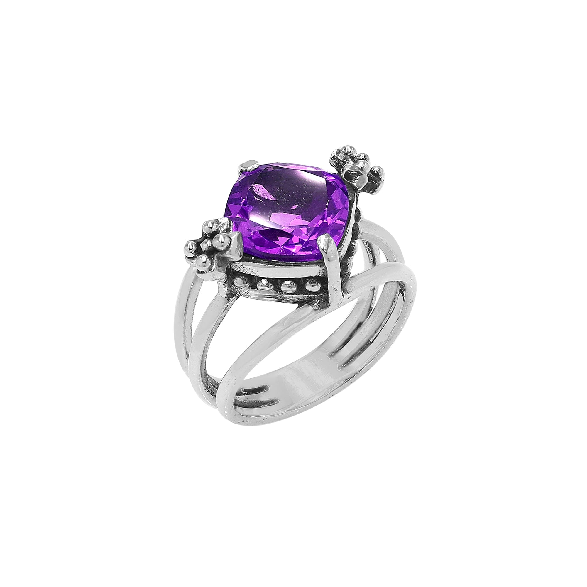 Handmade sterling silver Amethyst Quartz ring with floral details and split shank, artisan Bali jewelry.