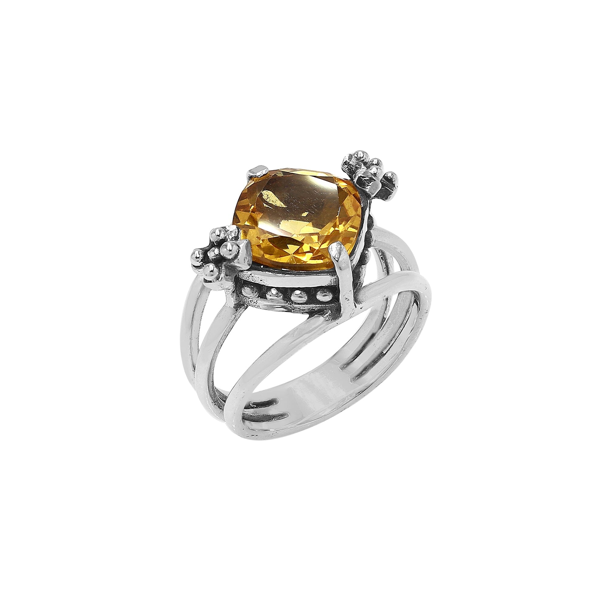 Handmade sterling silver Citrine Quartz ring with floral details and split shank, artisan Bali jewelry.