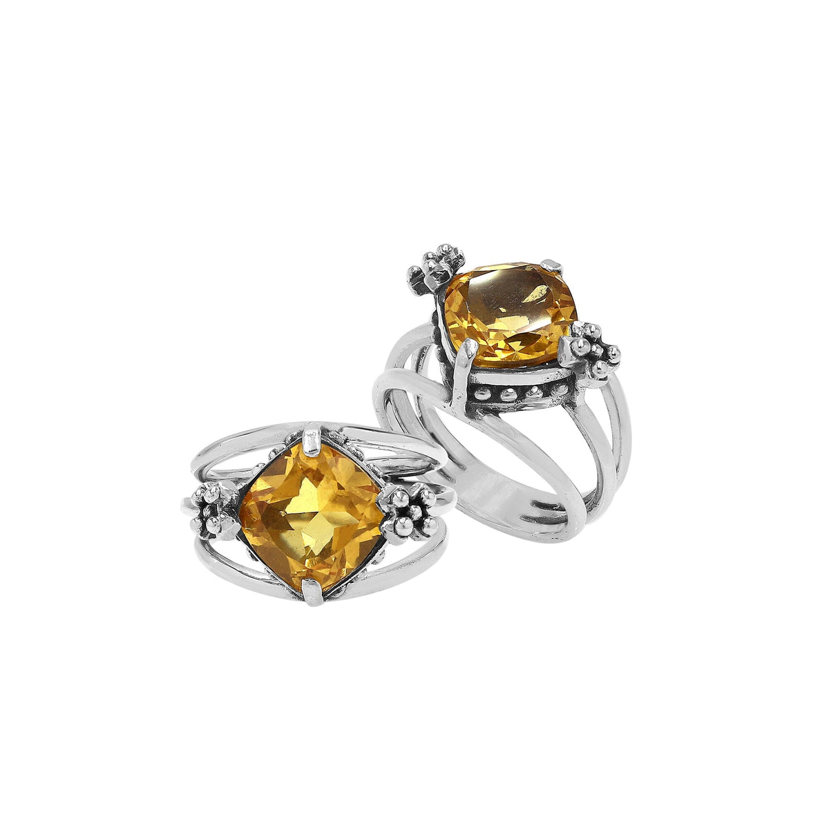Handmade sterling silver Citrine Quartz ring with floral details and split shank, artisan Bali jewelry.