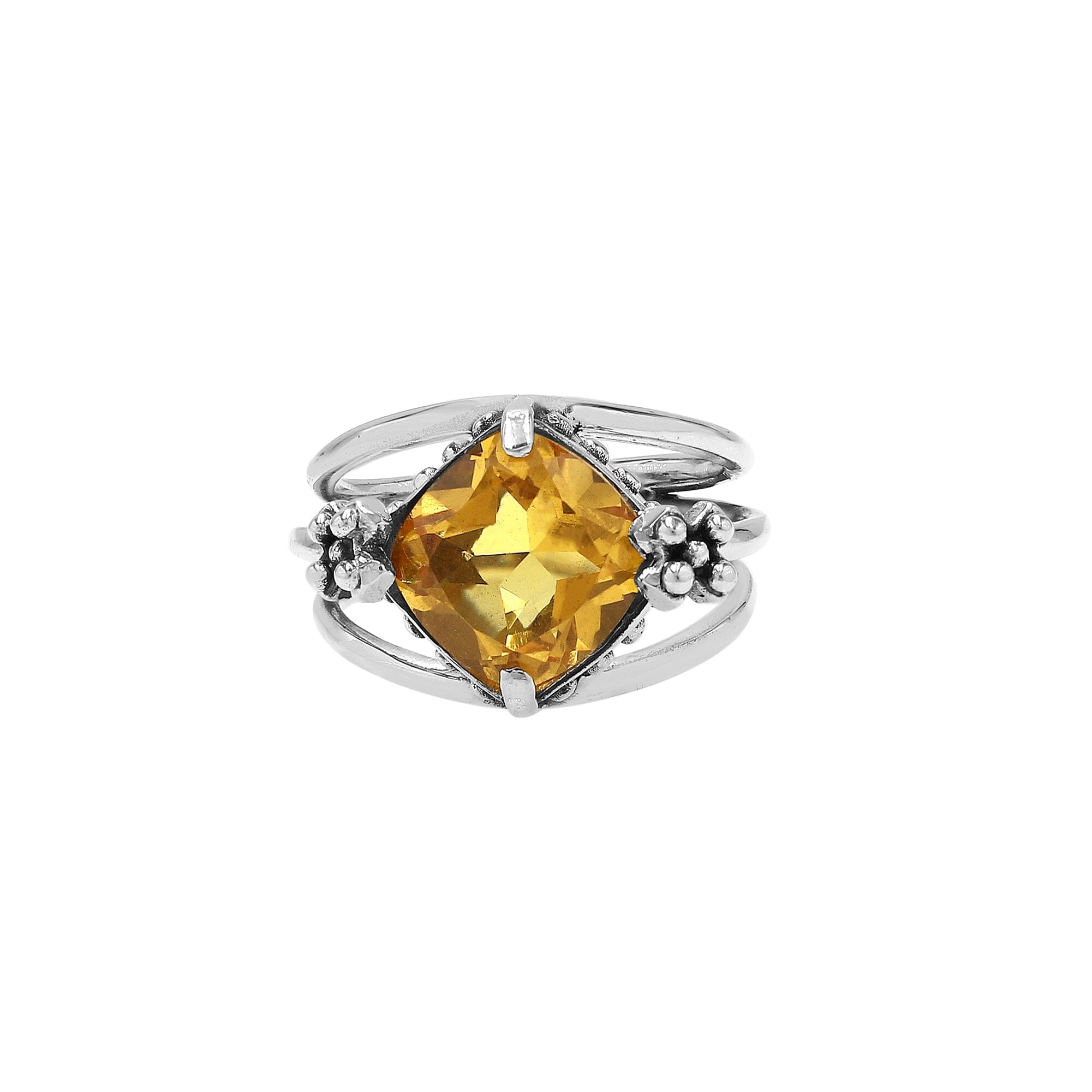 Handmade sterling silver Citrine Quartz ring with floral details and split shank, artisan Bali jewelry.