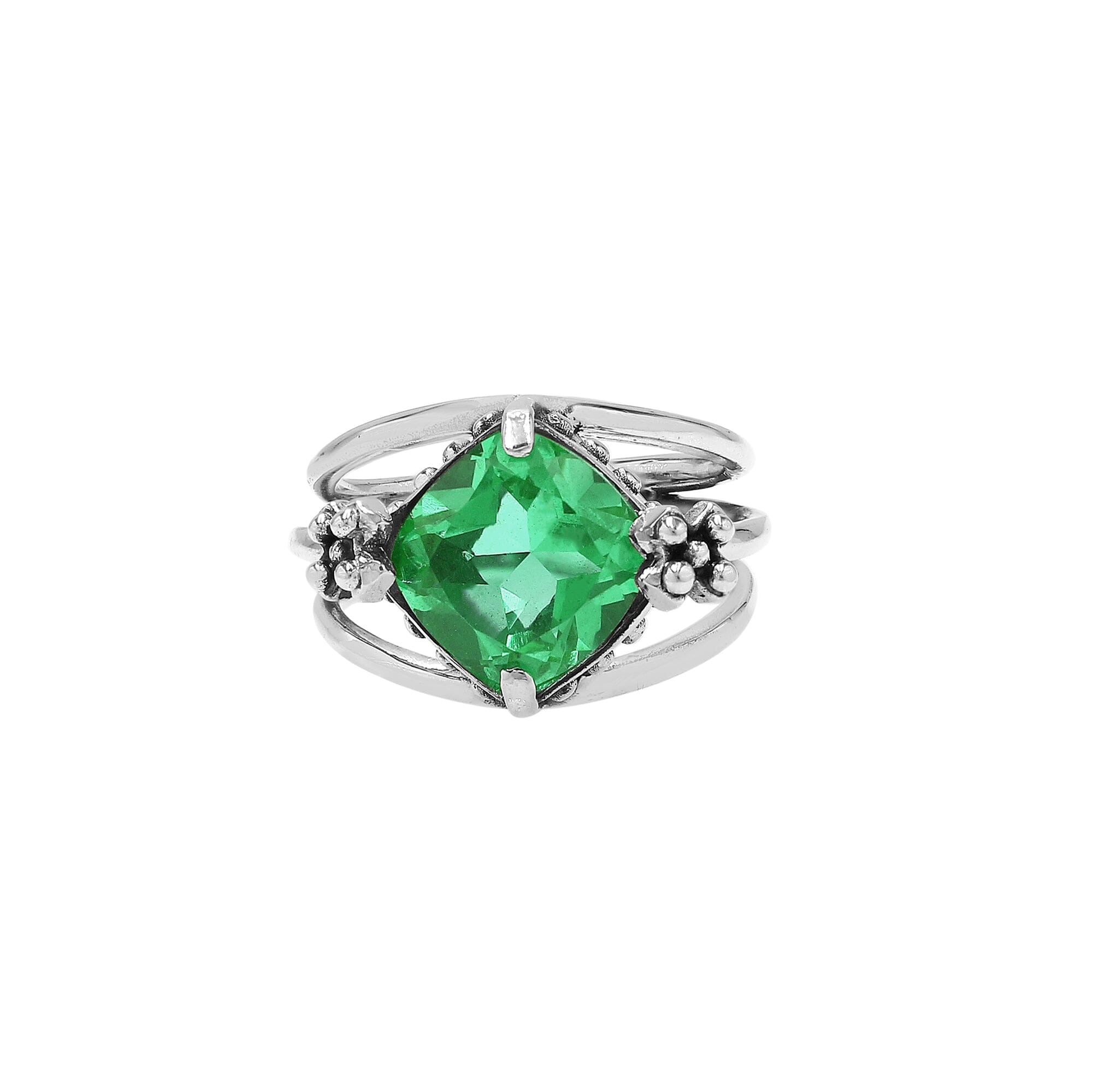 Handmade sterling silver Green Quartz ring with floral details and split shank, artisan Bali jewelry.