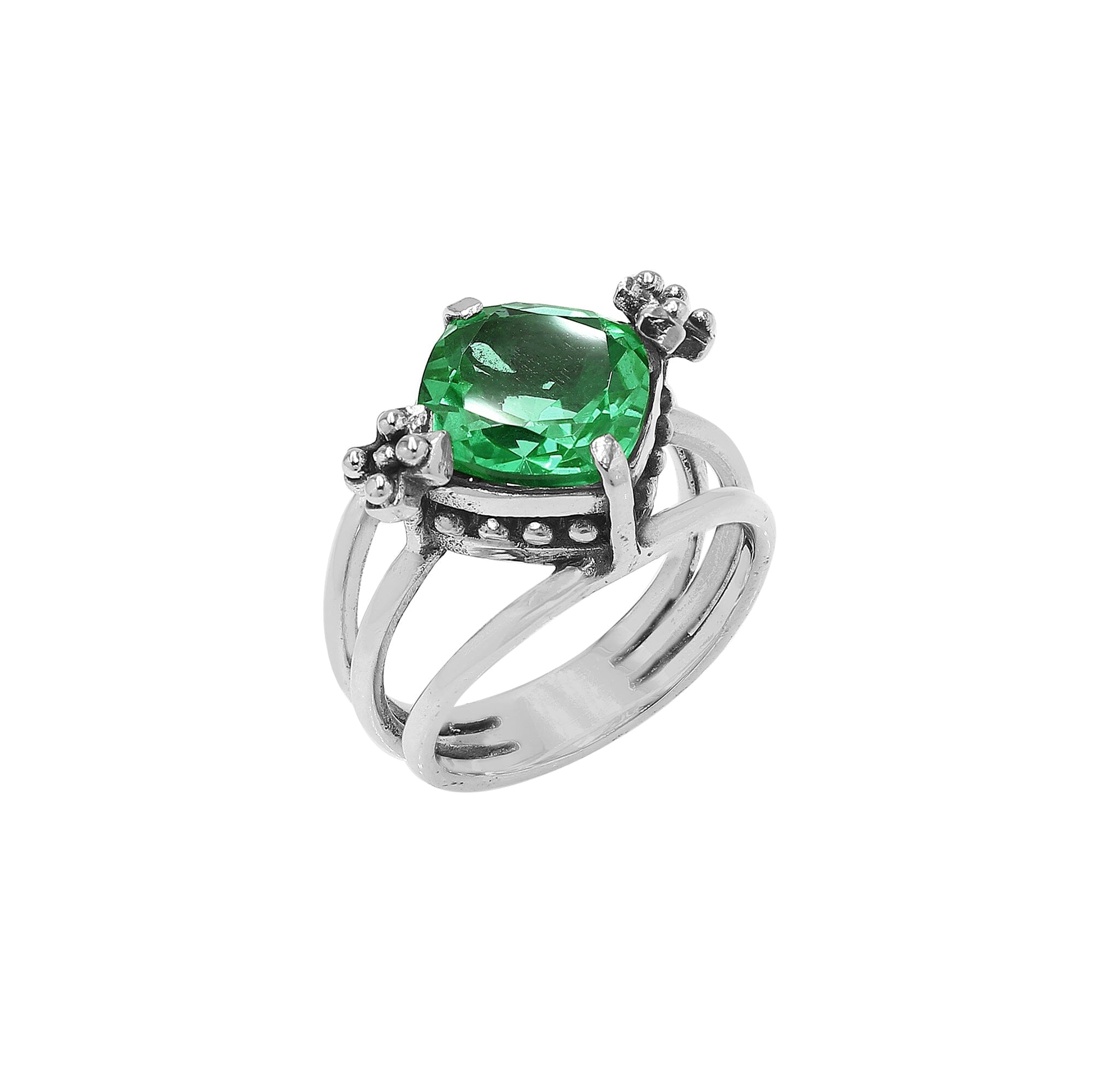 Handmade sterling silver Green Quartz ring with floral details and split shank, artisan Bali jewelry.