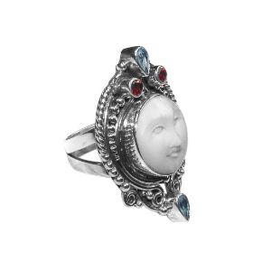 Handmade sterling silver Carved Shell Face Ring with Quartz accents, Balinese artisan jewelry.