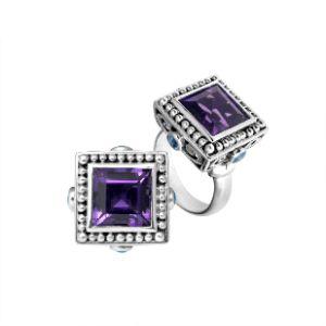 Handmade sterling silver Square Amethyst Quartz ring with beaded frame, artisan Bali jewelry.