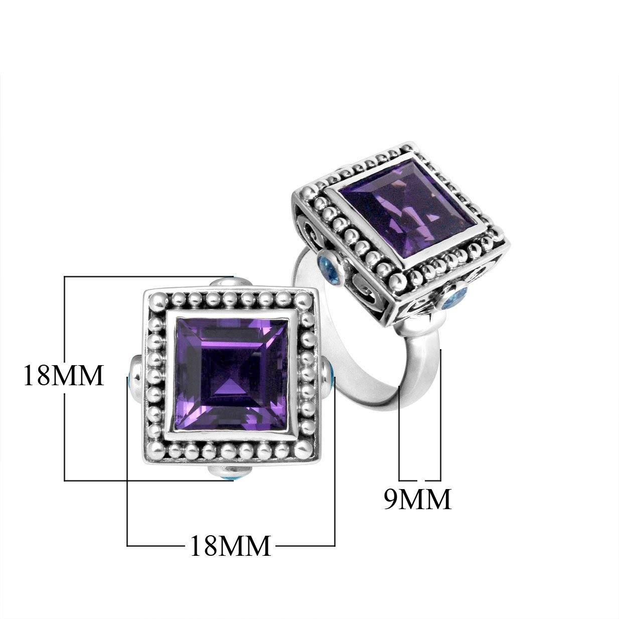 Handmade sterling silver Square Amethyst Quartz ring with beaded frame, artisan Bali jewelry.