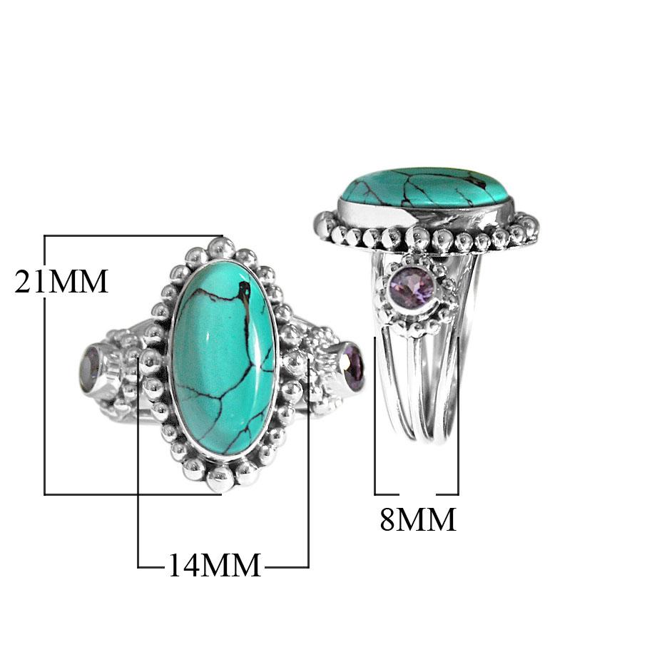 Handmade sterling silver Turquoise Shell & Amethyst Quartz Cabochon ring with beadwork and Amethyst Quartz accents, artisan Bali jewelry.