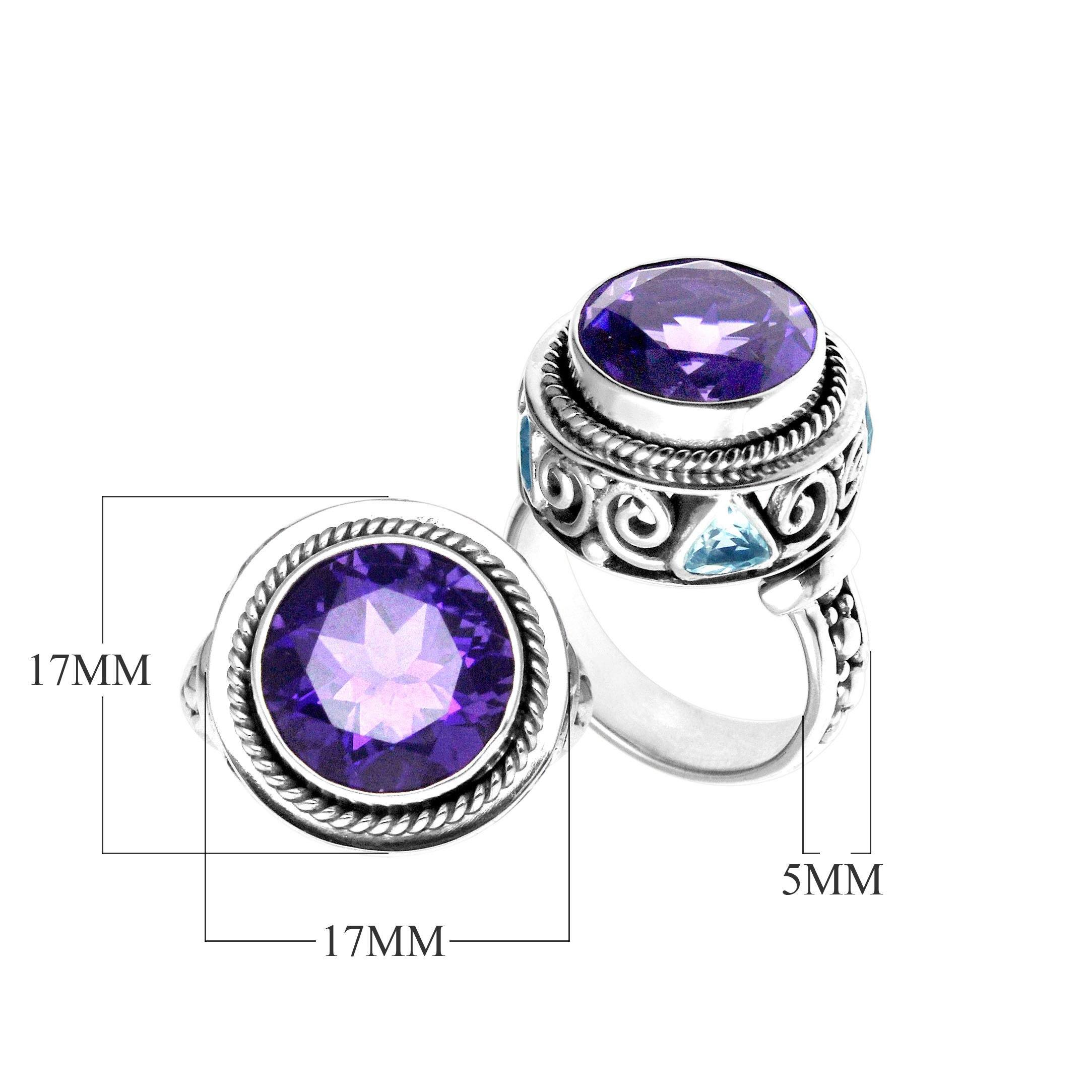 Handmade sterling silver Amethyst Quartz & Blue Topaz Quartz ring with rope bezel, swirl details, and accent stones, artisan Bali jewelry.