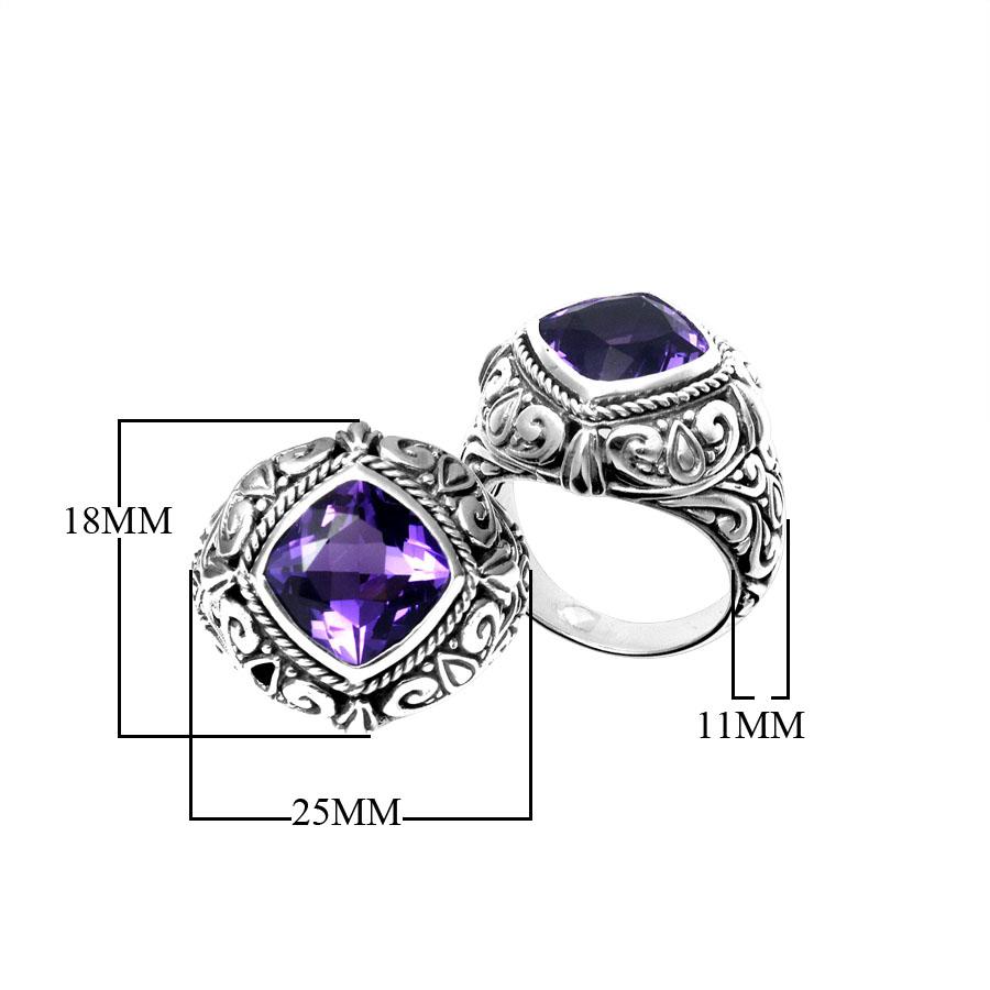 Handmade sterling silver Amethyst Quartz cushion ring with ornate scroll design and rope bezel, artisan Bali jewelry.