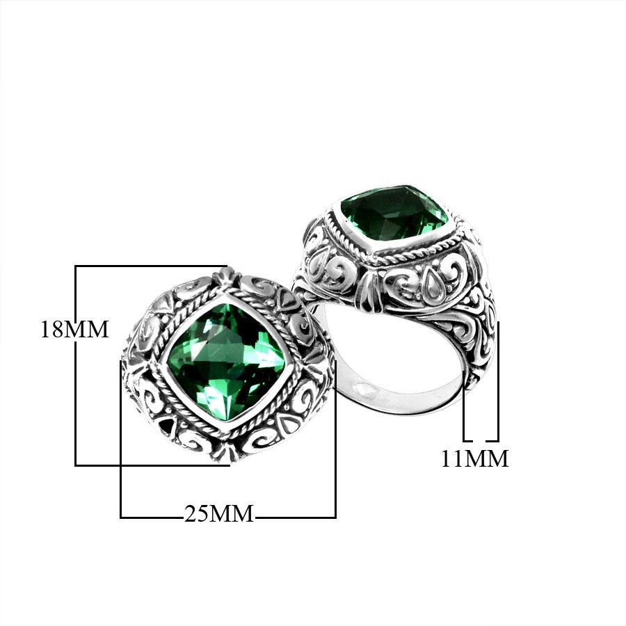 Handmade sterling silver Green Quartz cushion-cut ring with ornate scroll design, artisan Bali jewelry.