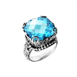 Handmade sterling silver cushion Blue Topaz Quartz ring with filigree and bead accents, artisan Bali jewelry.