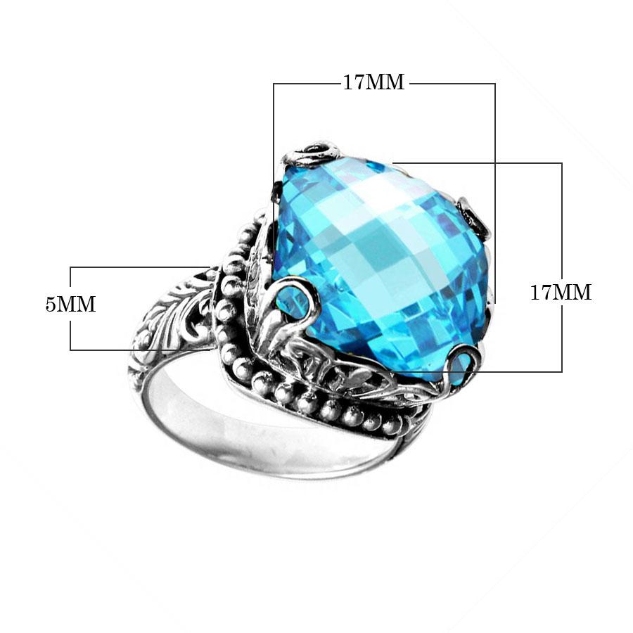 Handmade sterling silver cushion Blue Topaz Quartz ring with filigree and bead accents, artisan Bali jewelry.