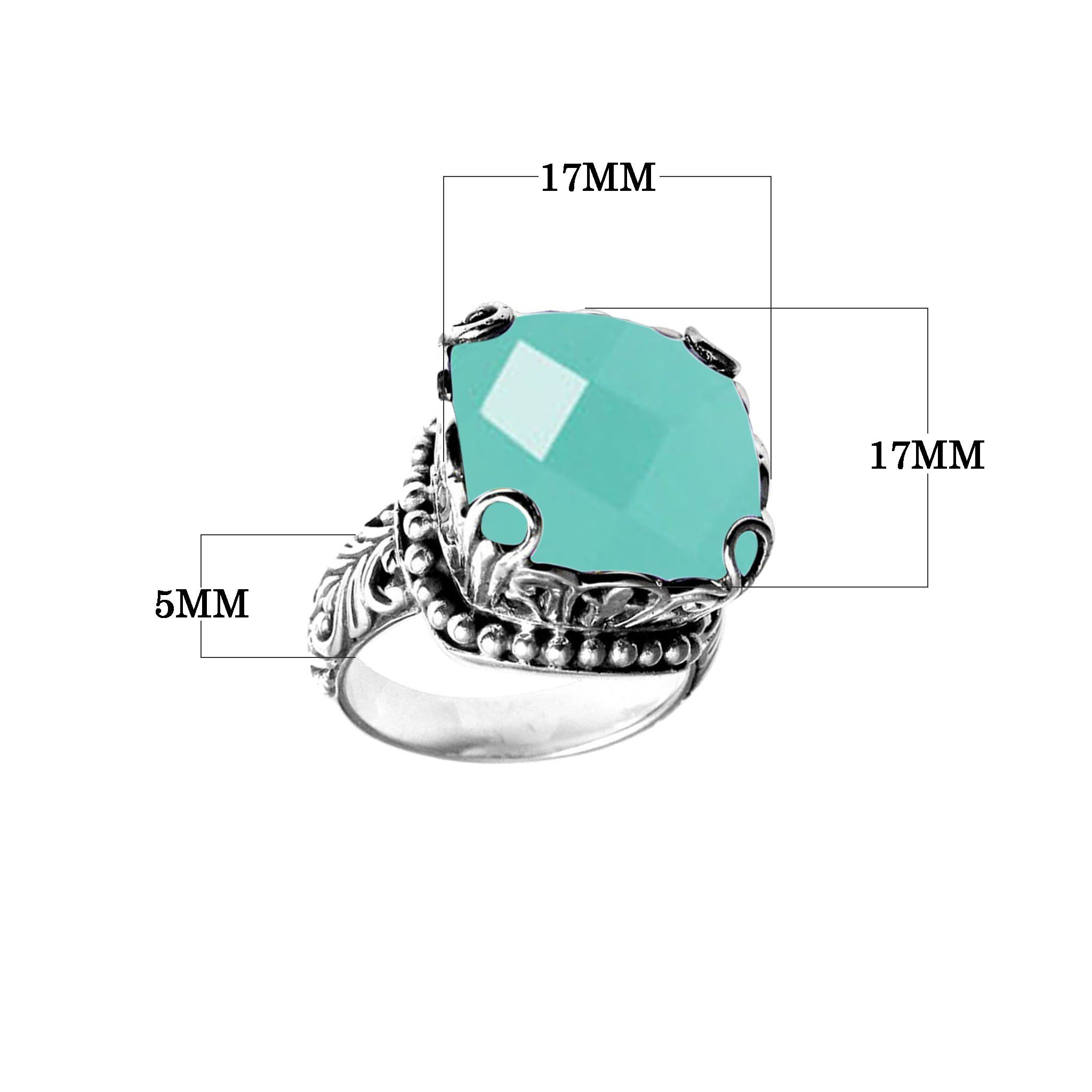 Handmade sterling silver Green  Chalcedony Quartz cushion ring with ornate filigree and bead accents, artisan Bali jewelry.