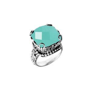 Handmade sterling silver Green  Chalcedony Quartz cushion ring with ornate filigree and bead accents, artisan Bali jewelry.