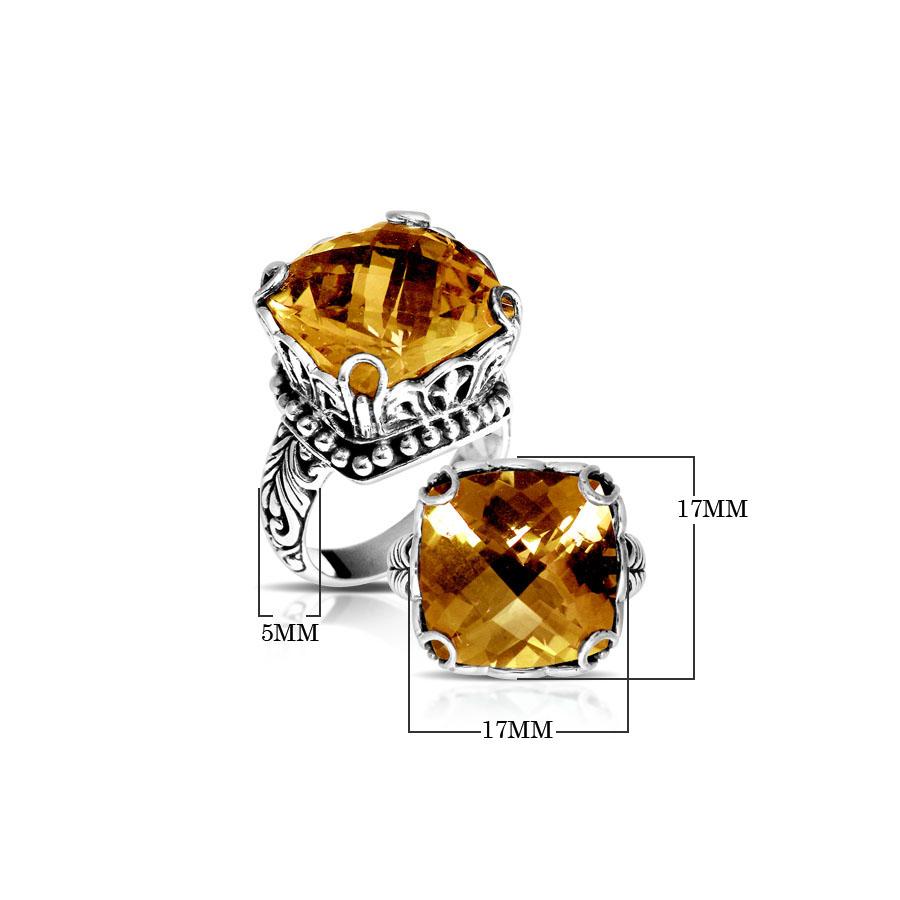 Handmade sterling silver Citrine Quartz cushion ring with ornate filigree and bead details, artisan Bali jewelry.