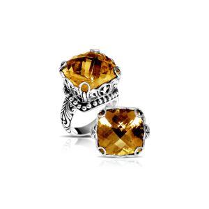 Handmade sterling silver Citrine Quartz cushion ring with ornate filigree and bead details, artisan Bali jewelry.