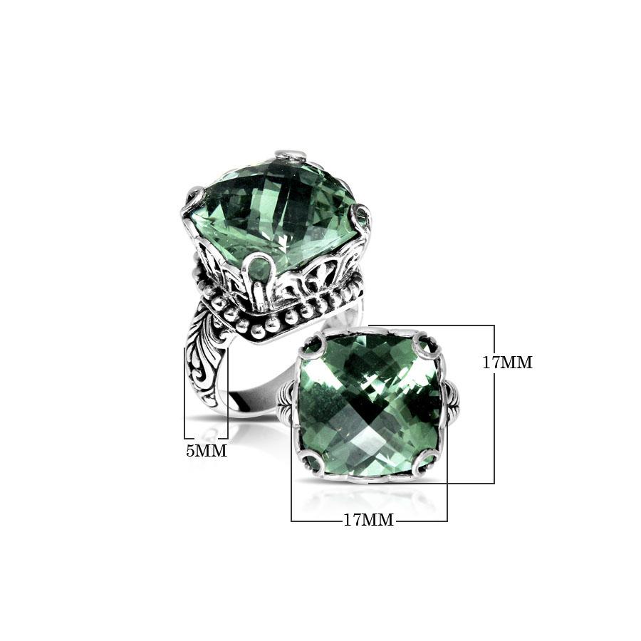 Handmade sterling silver cushion-cut Green Amethyst Quartz ring with ornate filigree and bead detailing, artisan Bali jewelry.
