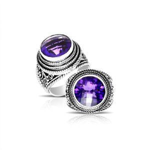 Handcrafted sterling silver Bali ring with round purple Amethyst Quartz and rope scroll detailing.