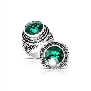 Handcrafted Bali sterling silver ring with round Green Quartz and rope scroll design.