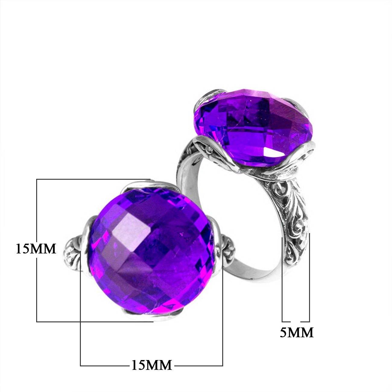 Handcrafted sterling silver Bali ring with faceted round Amethyst Quartz and scroll-carved band.