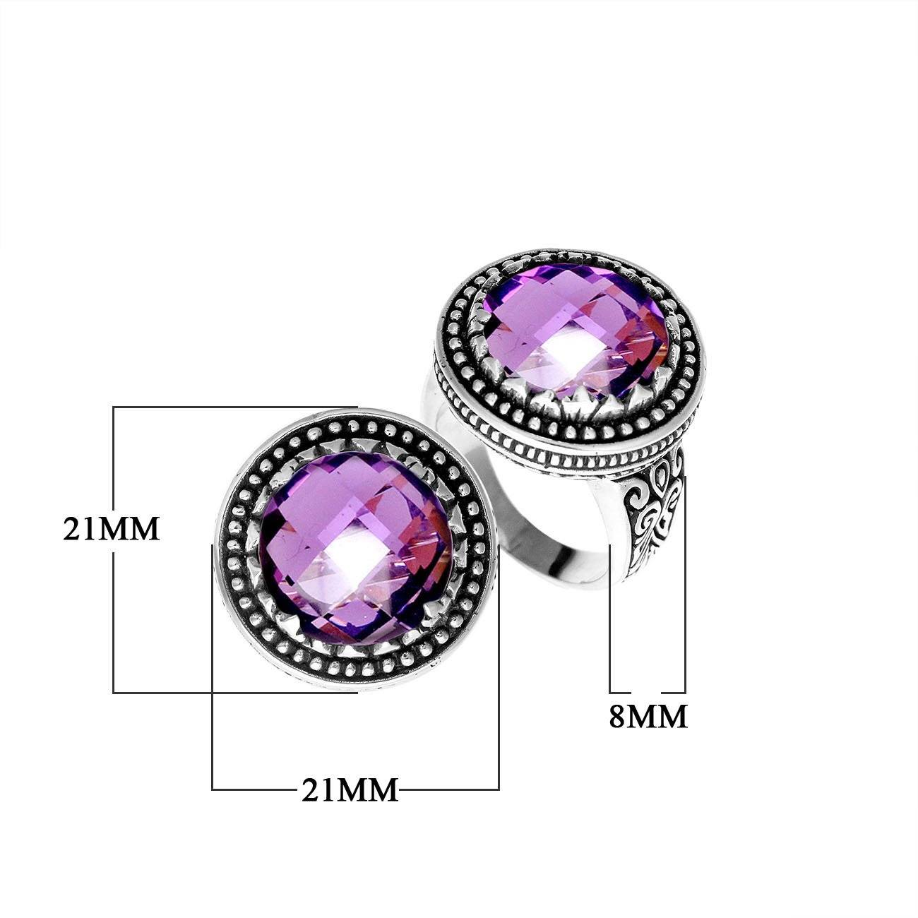 Handcrafted Bali sterling silver ring with faceted Amethyst Quartz and beaded halo design.