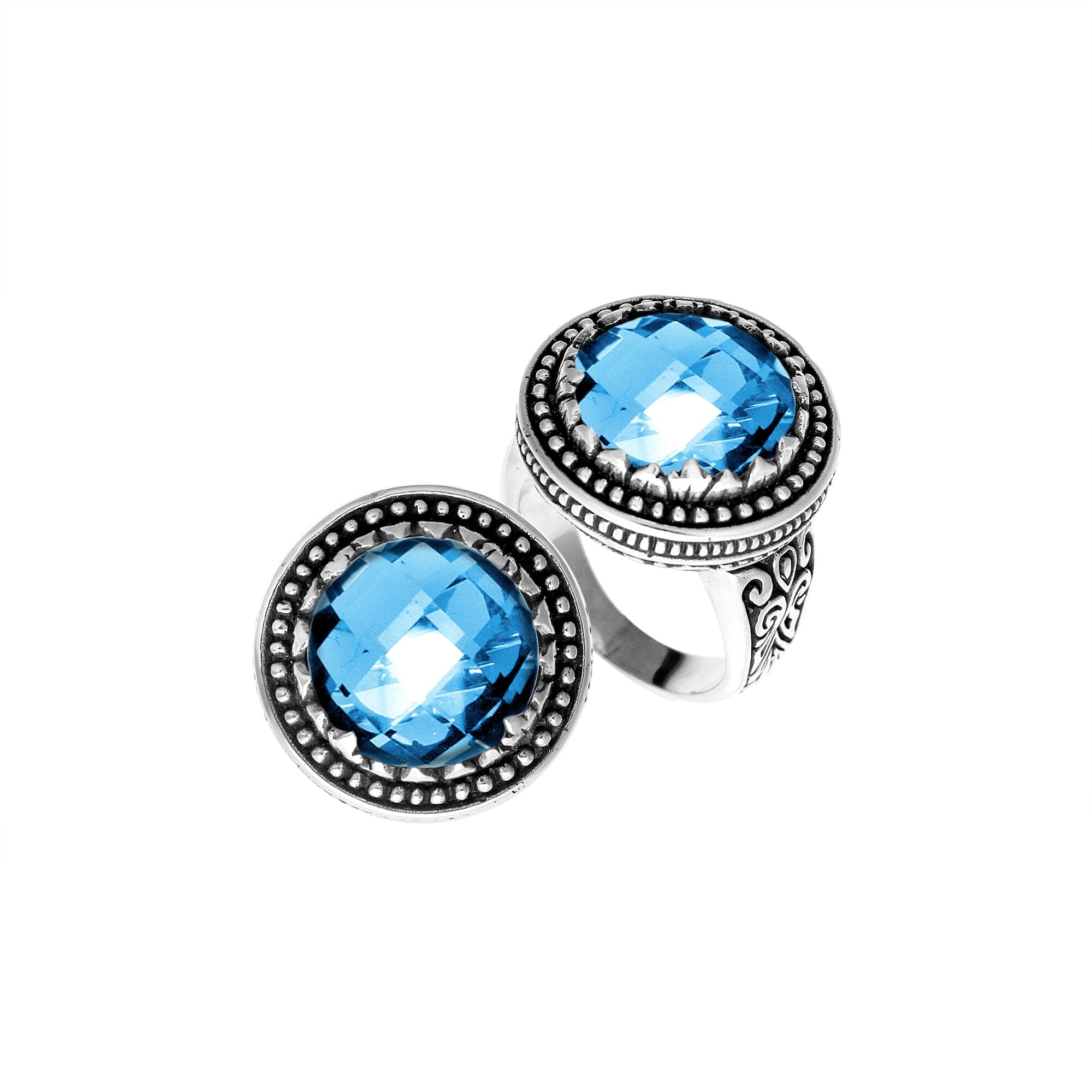 Handcrafted sterling silver Bali ring with faceted Blue Topaz Quartz and beaded halo design.