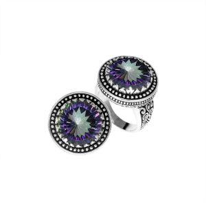 Handcrafted sterling silver Bali ring with Mystic Quartz and beaded halo design.