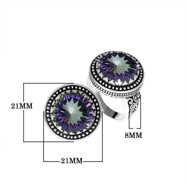 Handcrafted sterling silver Bali ring with Mystic Quartz and beaded halo design.