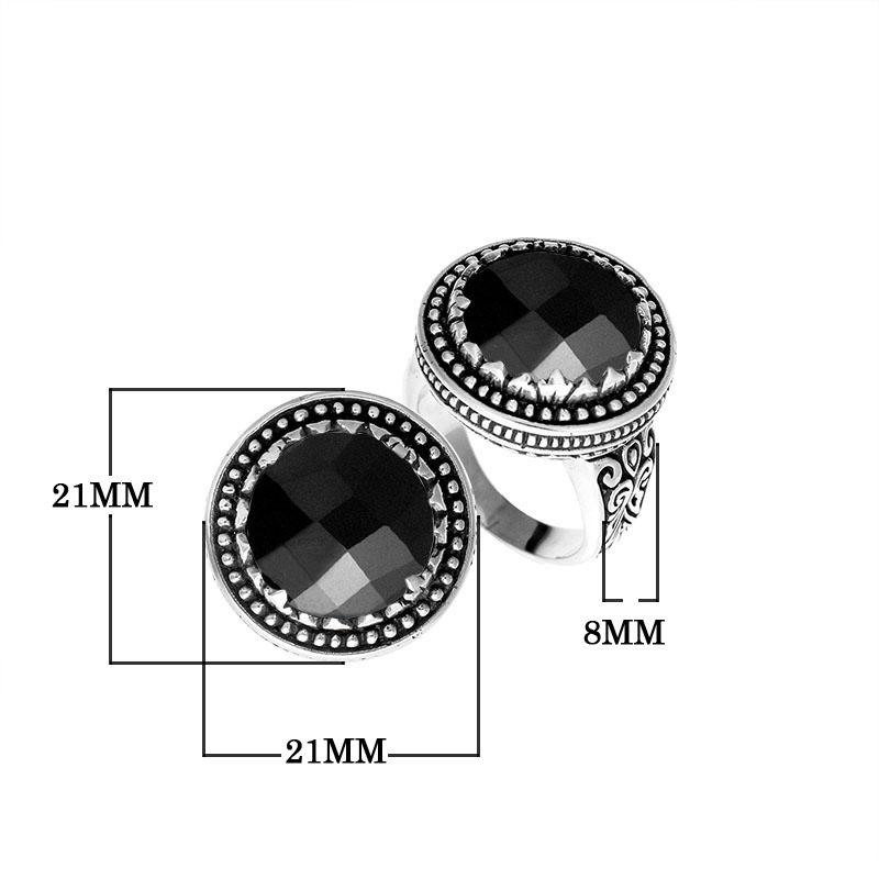 Handcrafted sterling silver Bali ring with faceted Black Onyx and beaded halo design.