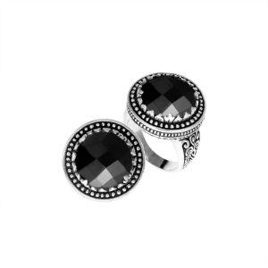 Handcrafted sterling silver Bali ring with faceted Black Onyx and beaded halo design.