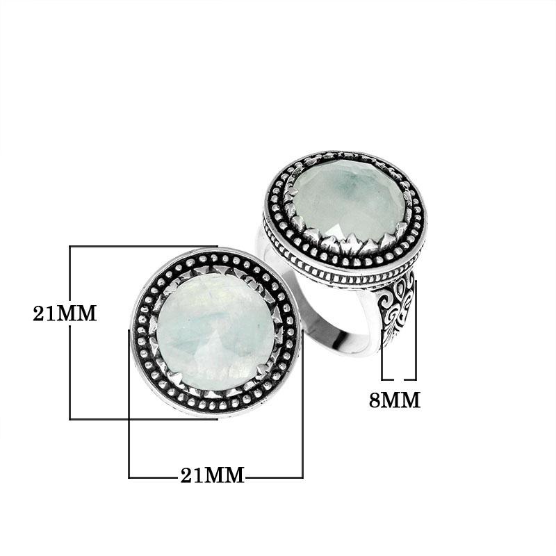 Handcrafted Bali sterling silver ring with Rainbow Moonstone and beaded halo design.