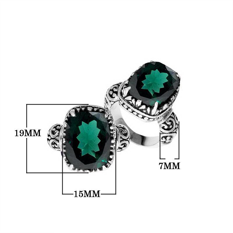 Handcrafted sterling silver Bali cushion-cut Green Quartz ring with scrollwork design.