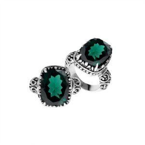Handcrafted sterling silver Bali cushion-cut Green Quartz ring with scrollwork design.