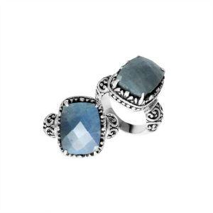Handcrafted Bali sterling silver cushion-cut Labradorite ring with scrollwork design.