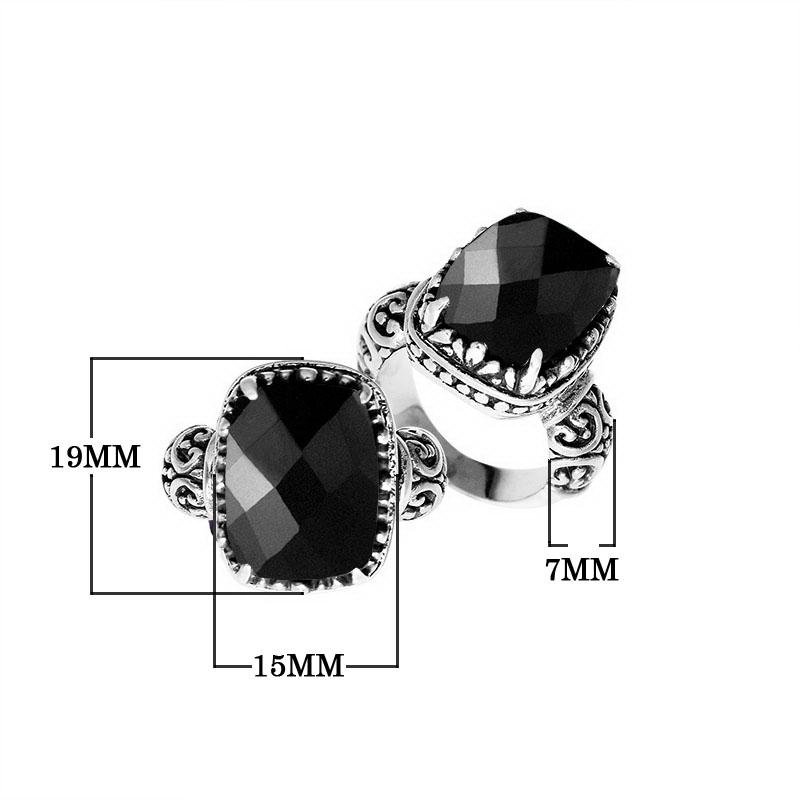 Handcrafted Bali sterling silver cushion-cut Black Onyx ring with scrollwork design.