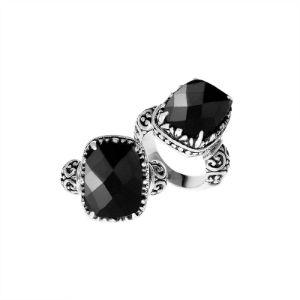 Handcrafted Bali sterling silver cushion-cut Black Onyx ring with scrollwork design.