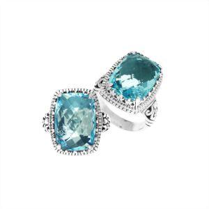 Handmade sterling silver Balinese ring with cushion-cut Blue Topaz Quartz.