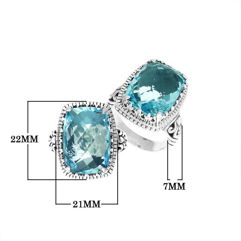 Handmade sterling silver Balinese ring with cushion-cut Blue Topaz Quartz.