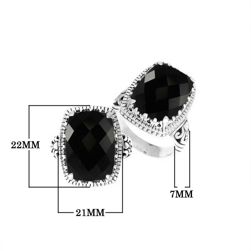 Handmade sterling silver Balinese ring with faceted cushion-cut Black Onyx Quartz.